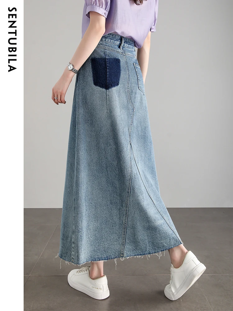 SENTUBILA Comfortable 100% Cotton Denim Maxi Skirts for Women 2024 Autumn Fashion High Wasit Straight Long Jeans Skirt W33Q51132