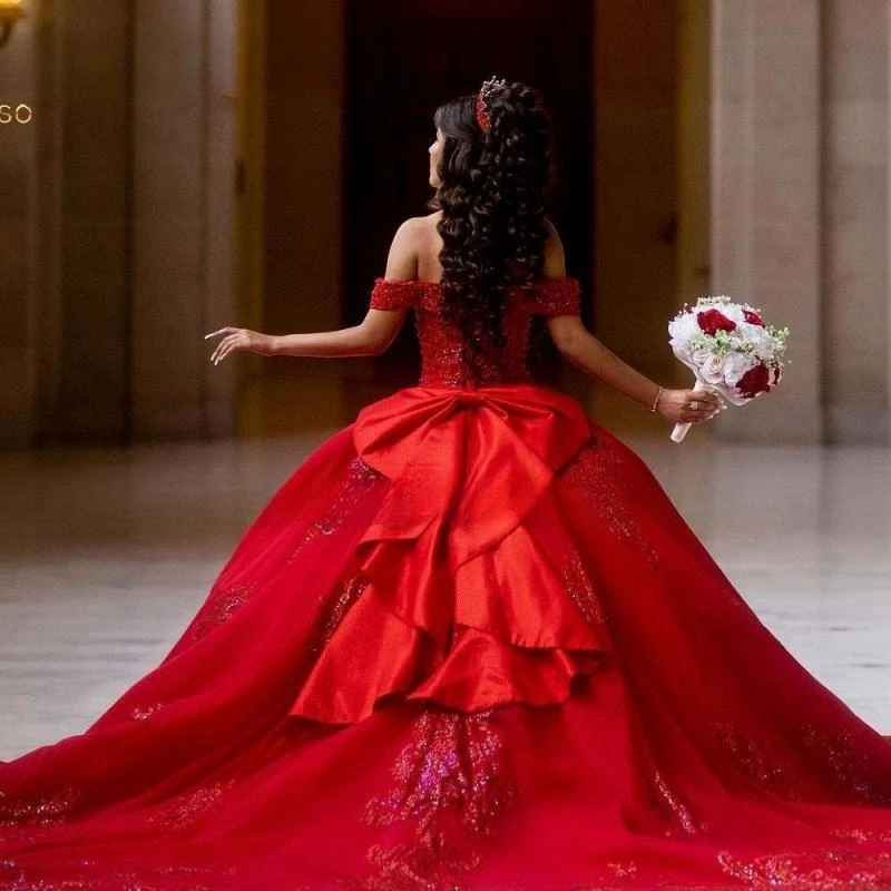 Vestido De quinceañera De tren largo De princesa roja, vestido De baile con hombros descubiertos, corsé, desfile, dulce 15, fiesta, Años XV, 2023