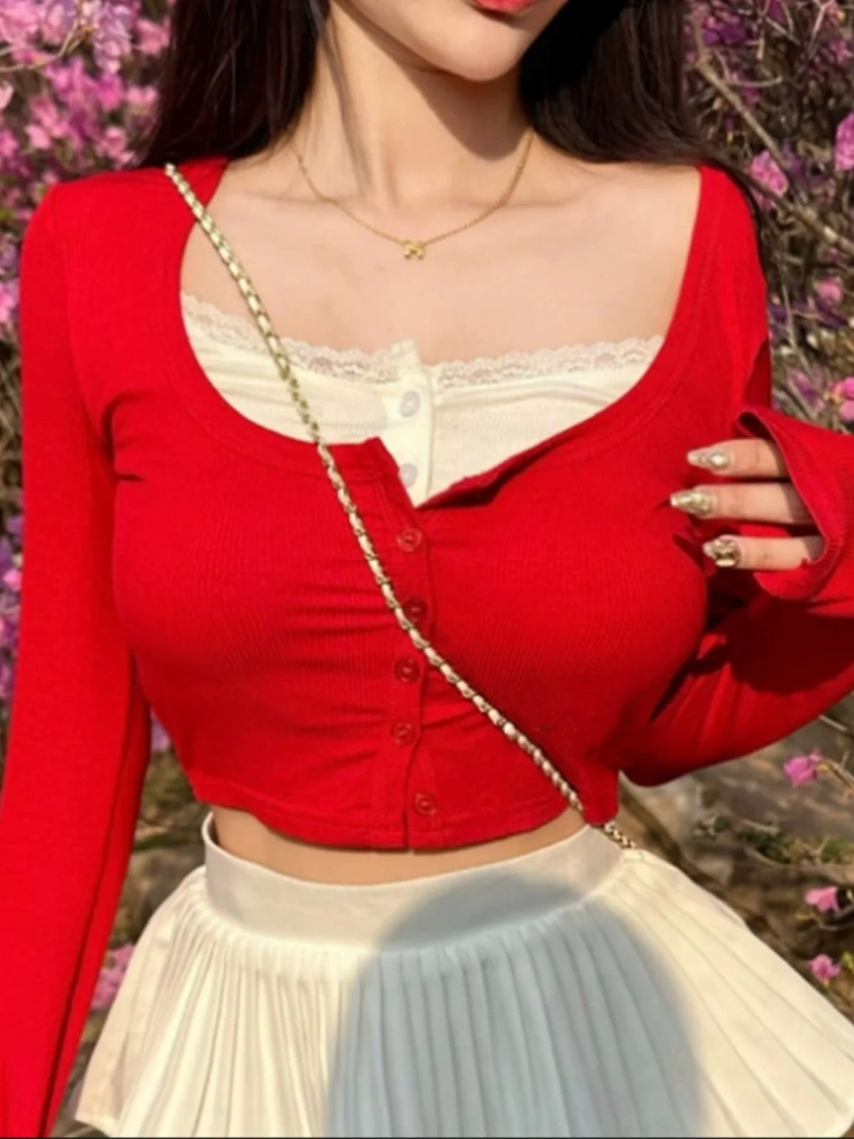 Camiseta larga ajustada Sve para mujer, Color puro, dulce encaje picante, Patchwork, Base Sexy irt, Top adelgazante Faion de otoño