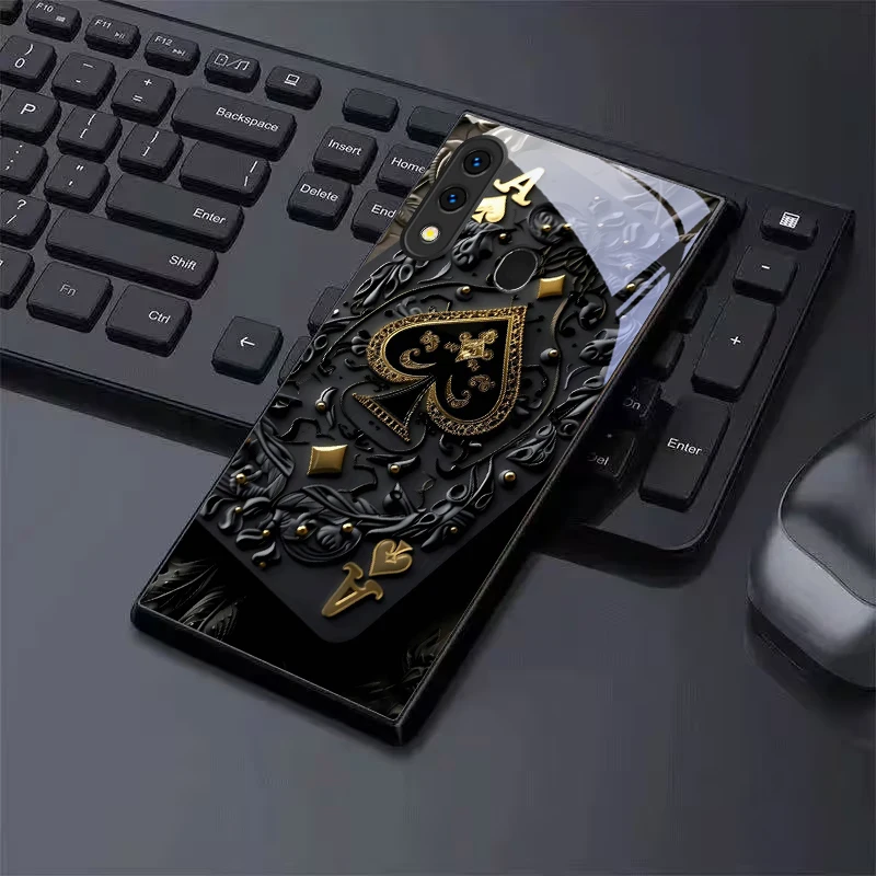 Ornate Ace Spade Pattern Black Glass Phone Case For Samsung A70 A71 A72 A73 A8s A51 A56 A55 A54 A35 A34 A32 A25 A26 20s 5G Cover