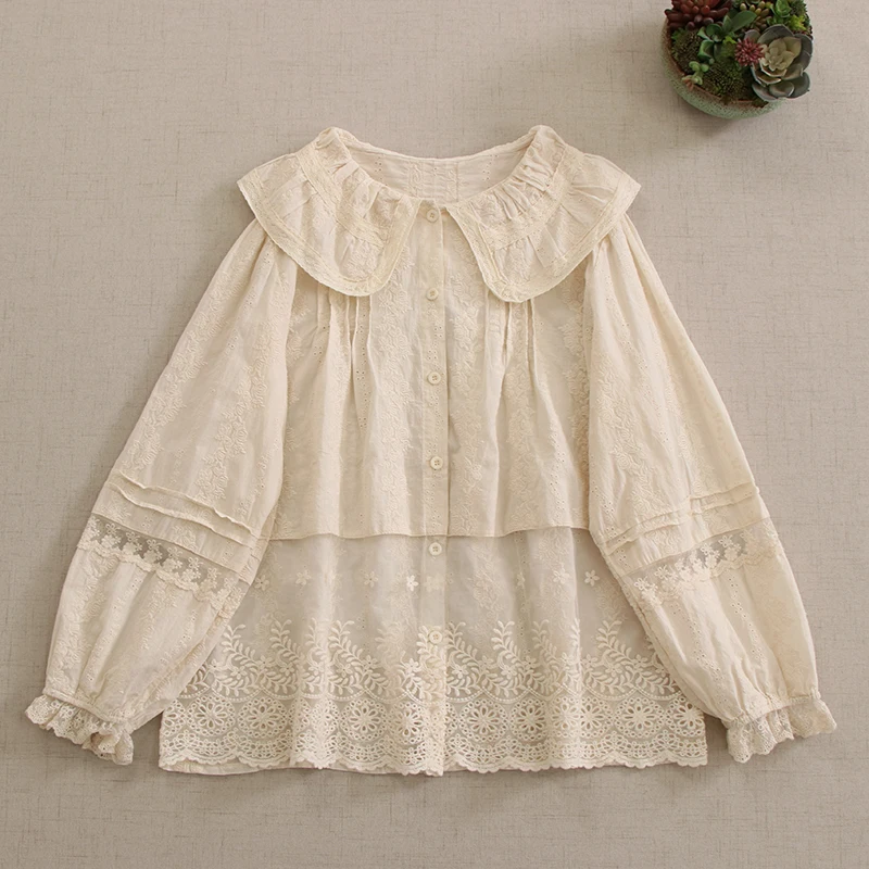 Japanese Sweet Mori Girl Lace Mesh Embroidery Cotton Shirt Women Spring Autumn Cute Peter Pan Collar Long Sleeve Blouse Tops