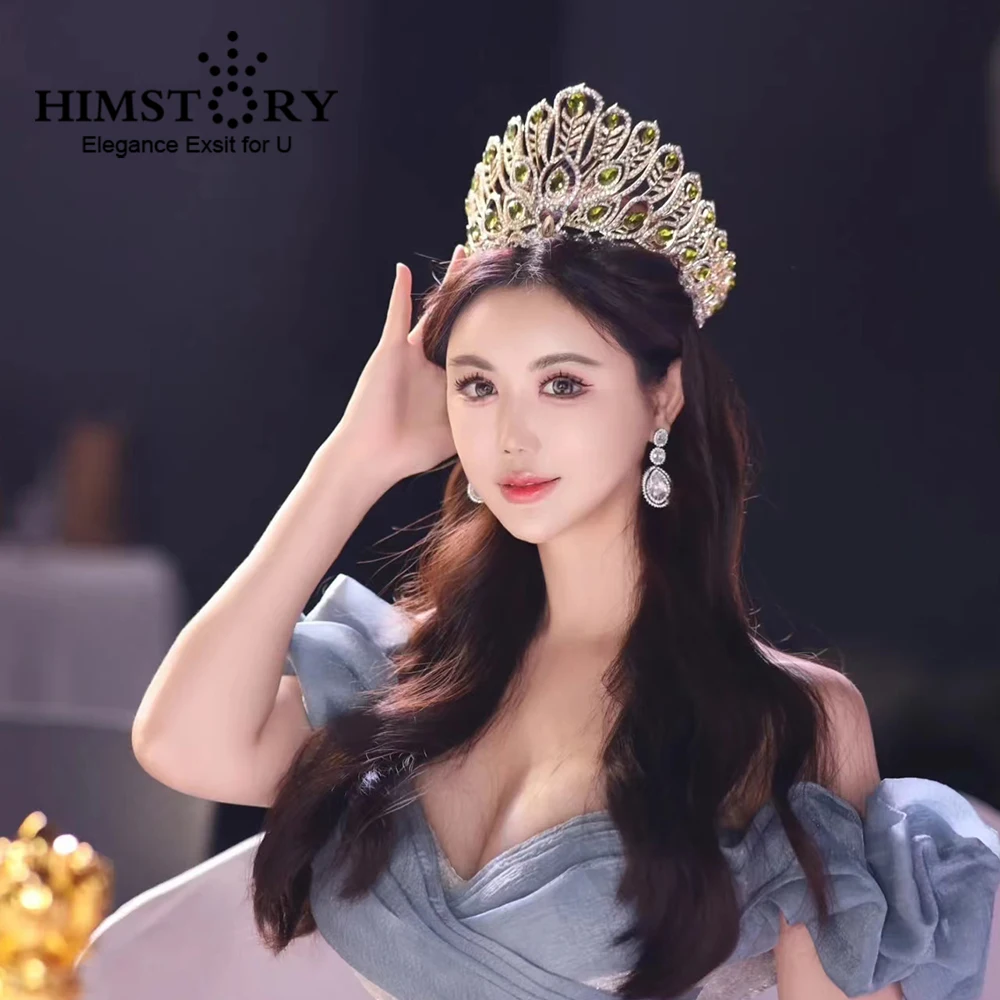 HIMSTORY Luxury Big Forest Crystal Hair Crown Thai Style Peacock Feather Design Party Wedding Stage Show Miss World Headwear