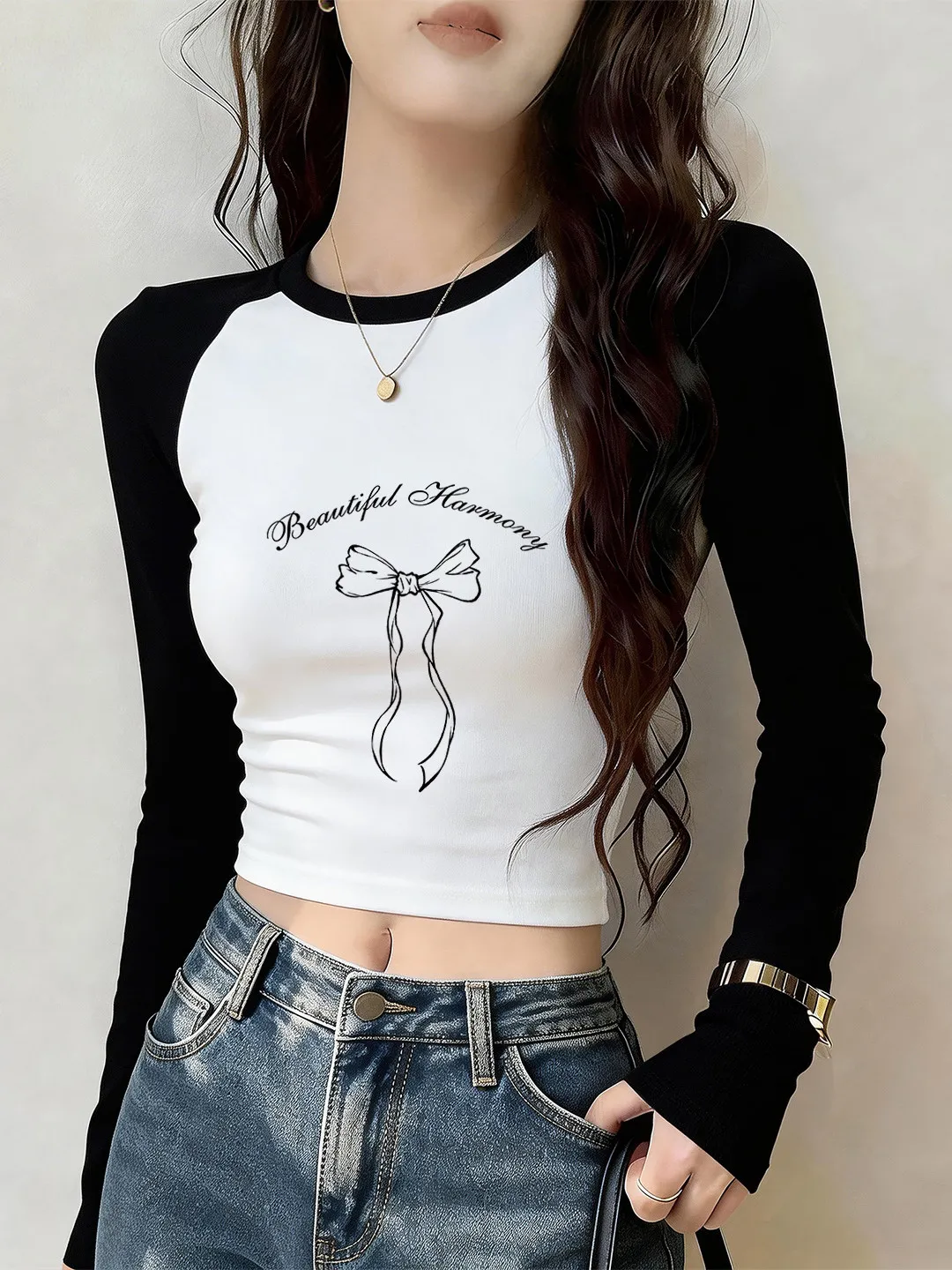 Spring and Autumn Personalized Print Long-sleeved Short Trendy Black Women Riding Motorcycle Personalized Sports T-shirt
