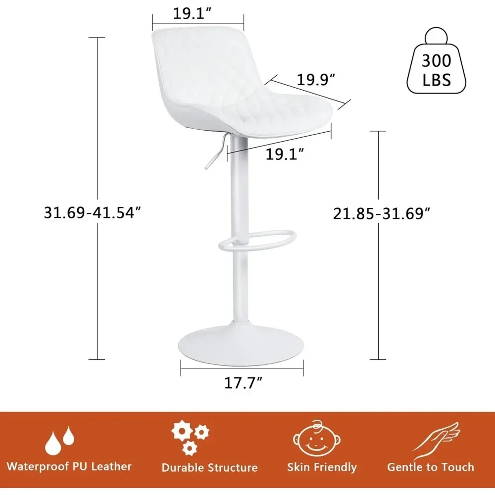 Branco ajustável Faux Leather Bar Stools, contador acolchoado, barstools de metal, costas altas cadeiras giratórias, casa cozinha ilha, conjunto de 2