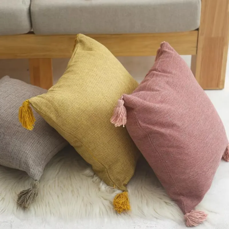 Yellow 45x45cm Linen Throw Pillow Covers Boho Farmhouse Decorative Cushion Covers with Tassels for Couch Decor Christmas Gift