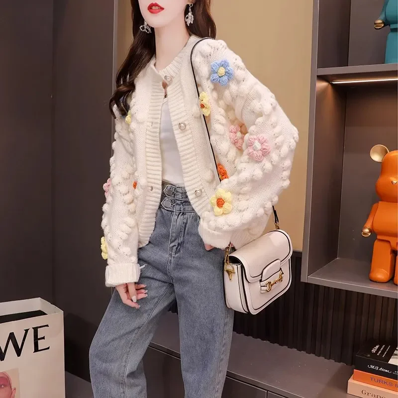 

Розовый кокетливый вязаный свитер, женский вязаный крючком топ, корейская мода, трендовый легкий легкий кардиган с круглым вырезом 2023 года для женщин