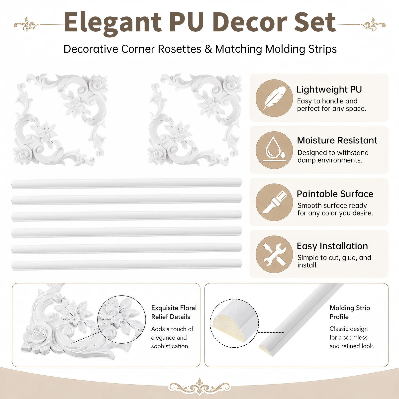10pcs Paintable DIY White PU French Style Corner Molding Set for Ceiling and  Walls