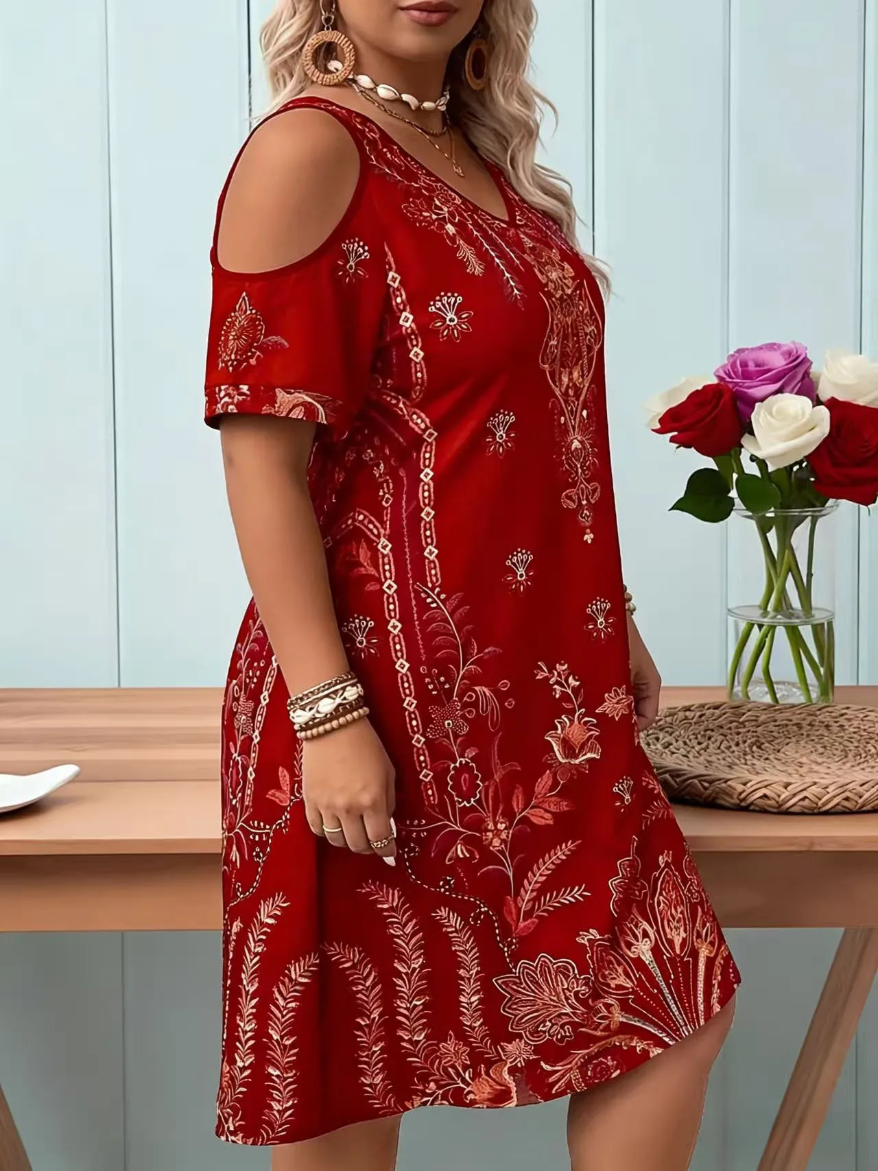 فستان مطبوع على الطراز البوهيمي العرقي مقاس كبير، فستان خارج الكتف، فستان صيفي كاجوال بأكمام قصيرة ورقبة على شكل V، ملابس بمقاسات كبيرة