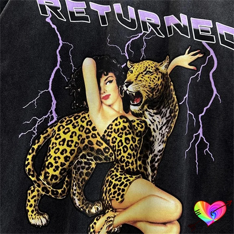 2024 Oversize Vintage Returned Logo Tee Men Women Wash World Of Work T-shirt Leopard Tops Lightning Graphic Beauty Short Sleeve