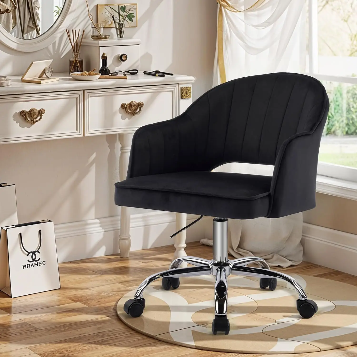 Modern Vanity Chair with Wheels, Mid-Back Cutout Velvet Home Office Chair, Swivel Height-Adjustable Soft Seat Cute Desk Chair