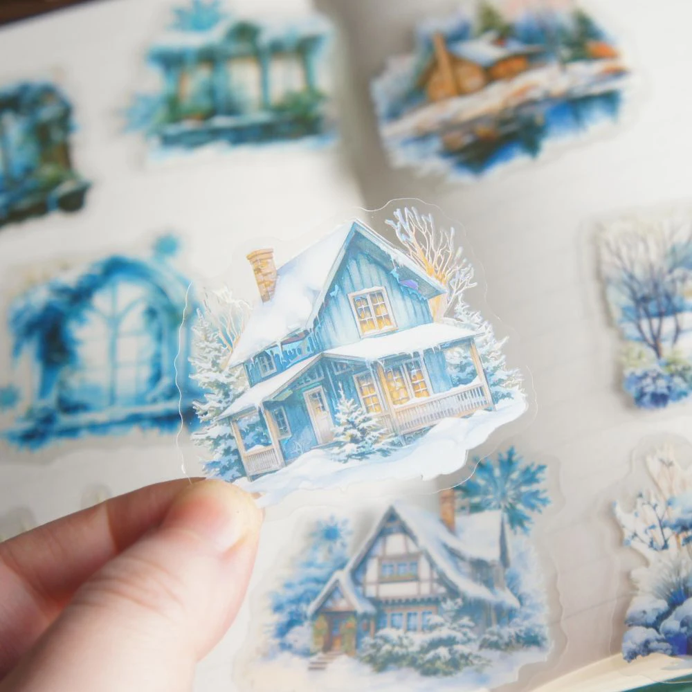 10 Pcs Forest Scenery in Winter Blue Castle Log Cabin Christmas Snow Style PVC Sticker Scrapbooking DIY Gift Decoration Tag