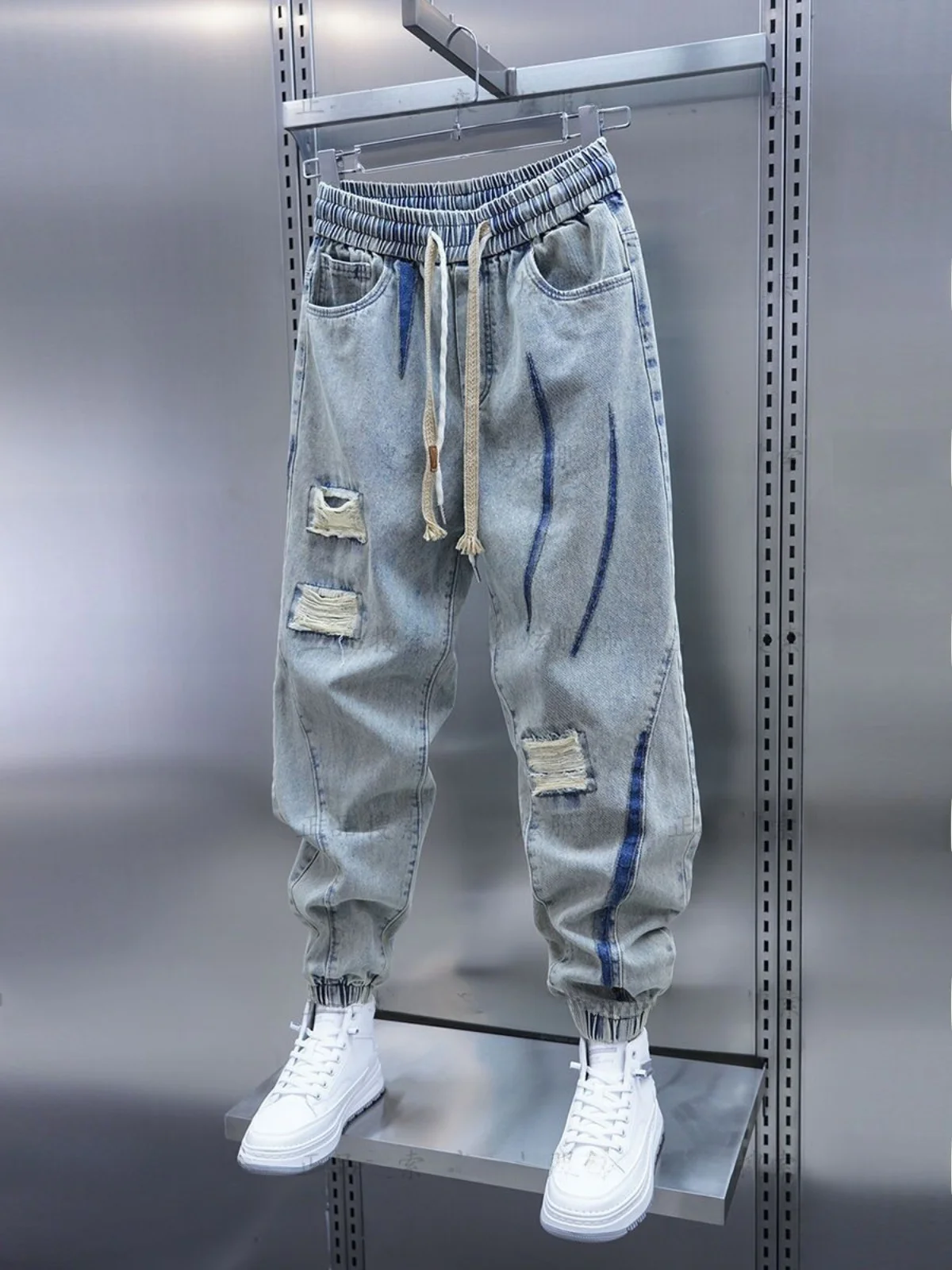 

Модные мужские джинсы свободного кроя большого размера 300, с манжетами, молодежный стиль, фасон «гарлен», весенний сезон