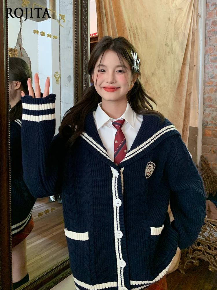

JK Uniform Sweater Knitted Cardigan Coat for Women Navy Blue Collar College Style Loose Cardigan Women Oversized Cardigan