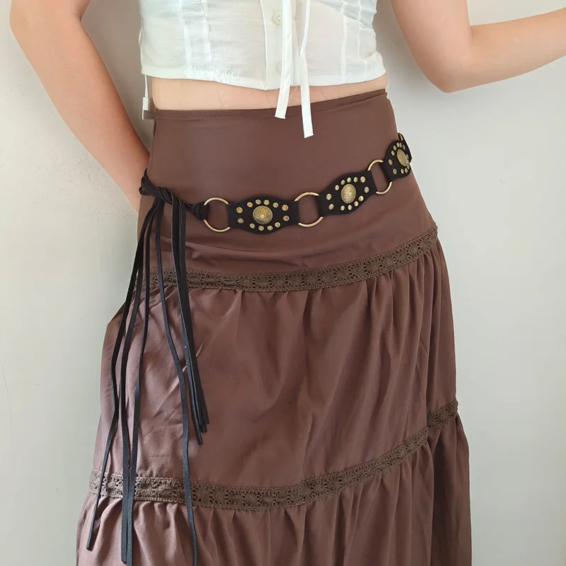 American Retro Rivet Metal Buckle Dress Belt Women's Spliced Belt Millennial Spicy Jeans Girl Y2k Design Sense Strap Waist Rope