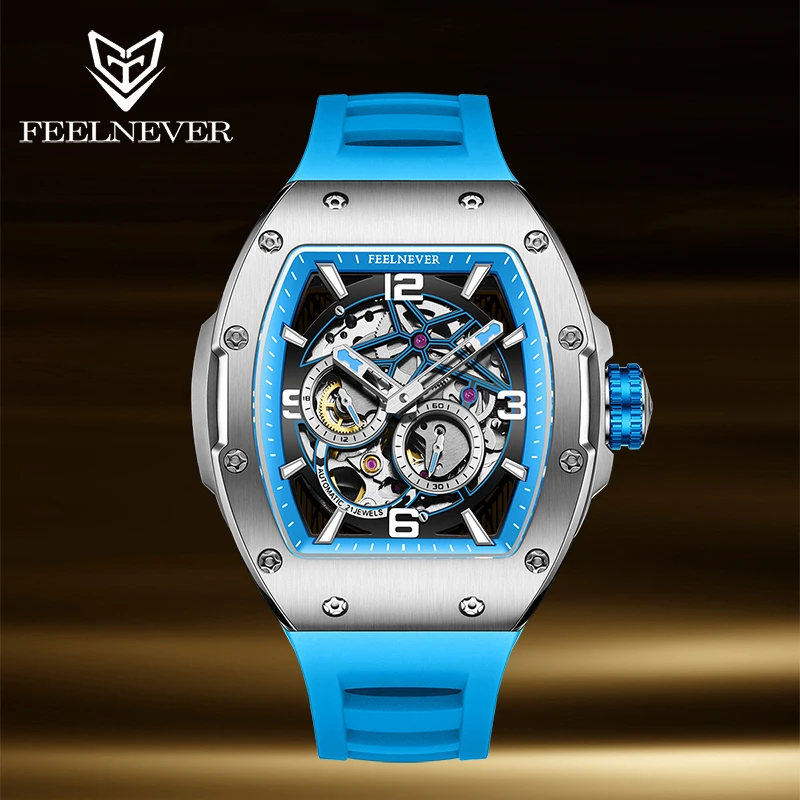 FeelNever Top Brand Mechanical Man Watch Skeleton Dial Silicone Fashion Mens Watches Casual Sport Luminous Waterproof Chonograph