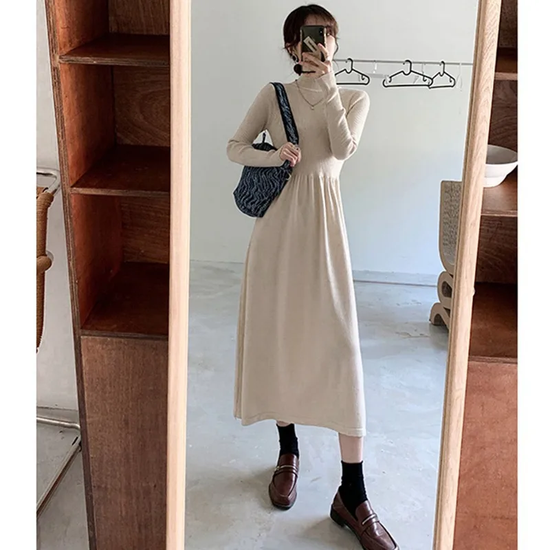 Women Knit Long Dress Half High Collar Solid Full Sleeve Dresses Casual Spliced Slim Fit High Waist Elegant Vestidos Skinny Lady