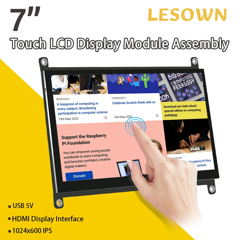 LESOWN 7 Inch Raspberry Pi Monitor Capacitive Touchscreen HD 1024x600 IPS HDMI Display for Windows/Linux/Android with Speakers