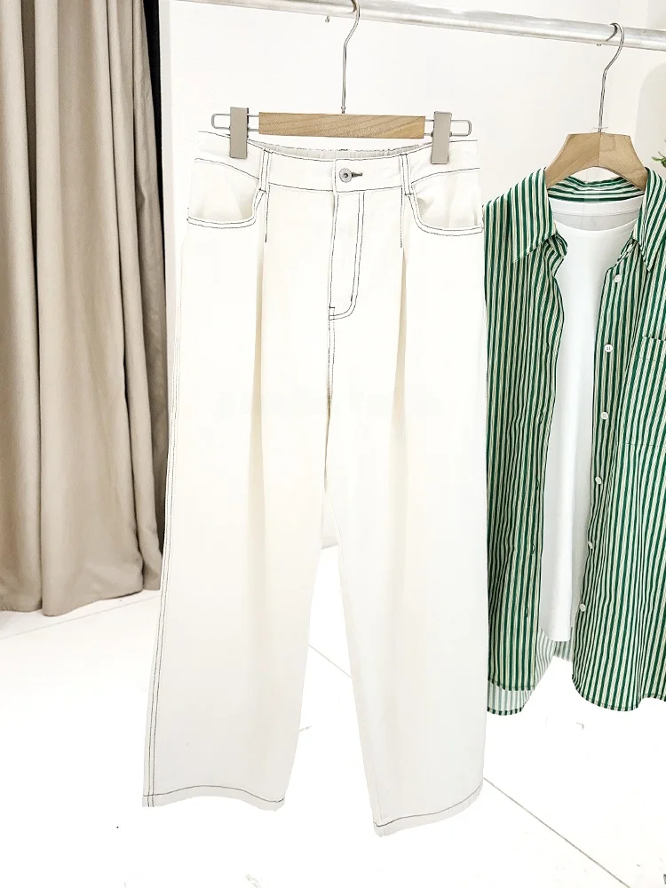 

Mimifa Loose Comfortable Pleated Denim Jeans High Waist Pure Color Elastic Waisand High Quali Stitching Women's Faion