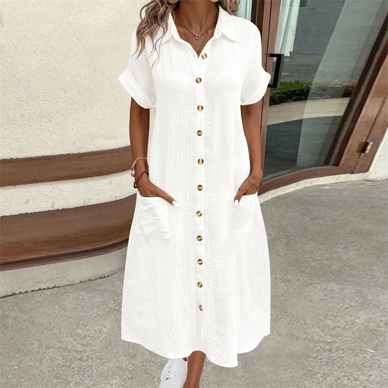 Women Shirt Dress 2025 Summer Spring Solid Color Short Sleeve Button Down Casual Long Shirt Maxi Sundress Comfortable