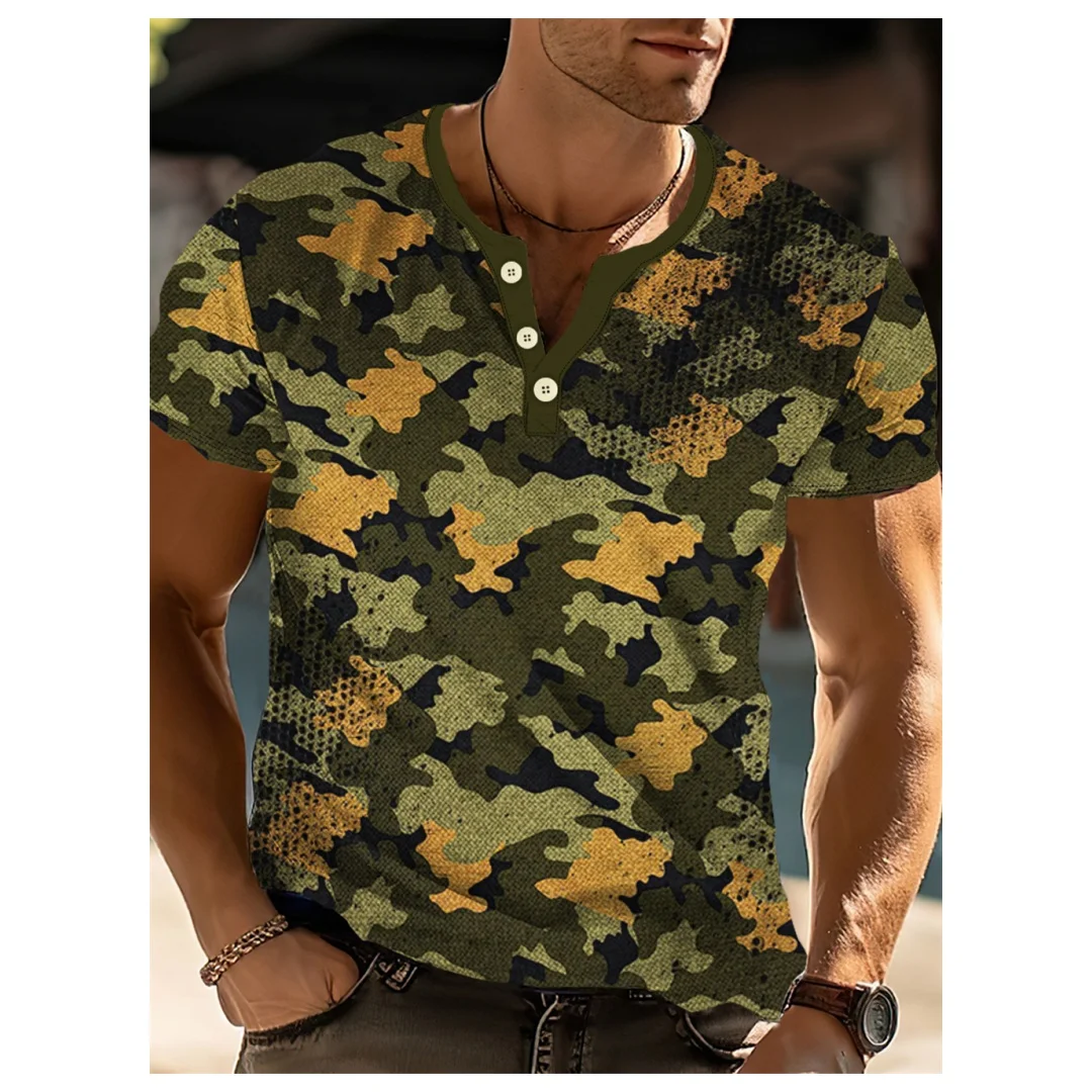 

Camouflage T-Shirt For Men Short Sleeve Vintage Tee Oversized Clothing Tops Buttons Pullover Men's T Shirts Pullover man clothes