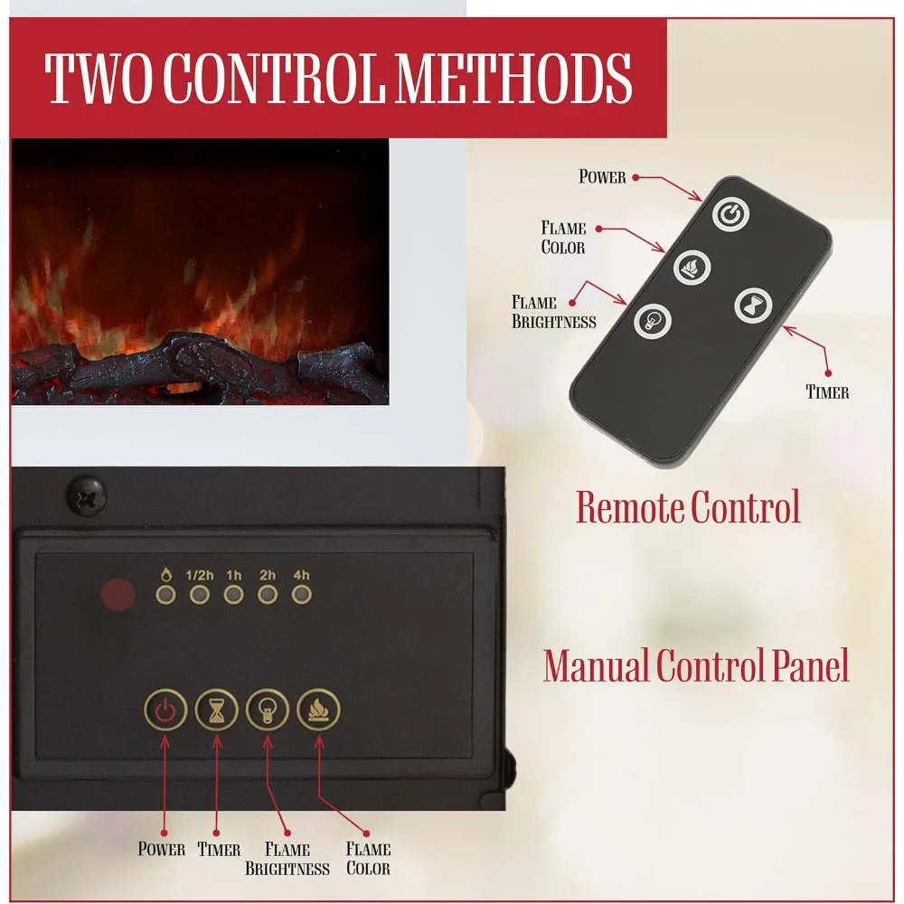 36-Inch Wall Mounted  Electric Fireplace - 10-Color LED Flame and 3 Media Backgrounds with Adjustable Brightness (White)