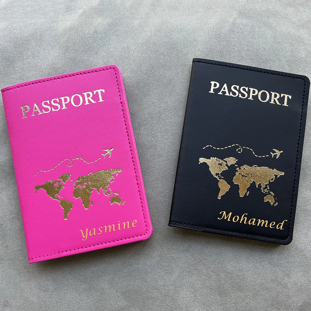 Custom Map Passport Covers con nomi coppia nome personalizzato copertina del passaporto nome in colore oro