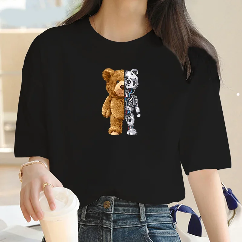 Funny Teddy Bear Robot Tshirt Robotic Bear Men Short Sleeve Fashion Casual Clothing Summer Cotton Tees Oversized Street T-Shirts