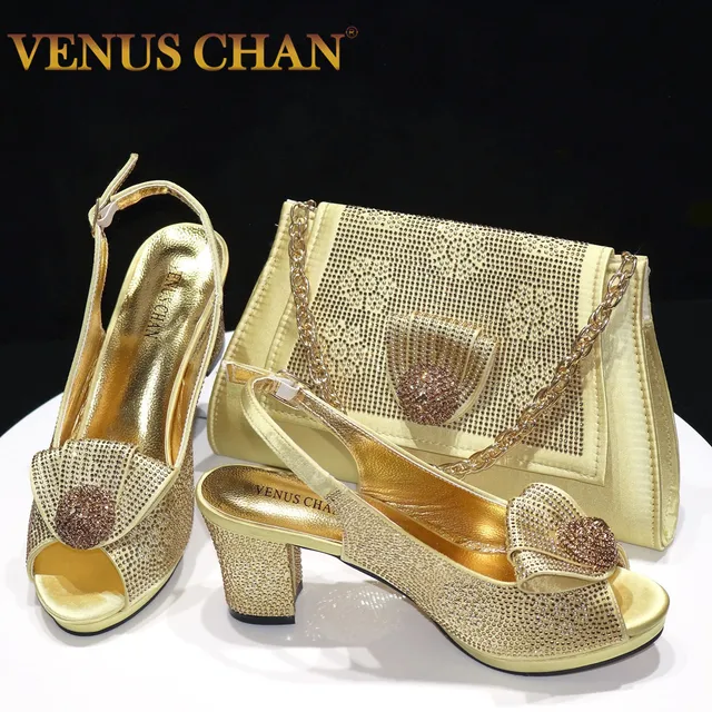 Venus Chan 2024 Włoski design Dziewczęcy styl Złoty kolor Buty ślubne i torba Pełna diamentowa dekoracja Metalowe torby z zamknięciem