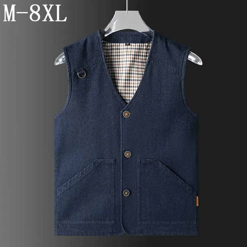 Fashion 2026 Men's Pure Cotton Large Size Denim Multi-pocket V-neck Cotton Vest Breathable Outdoor Straight Casual Coat Vest