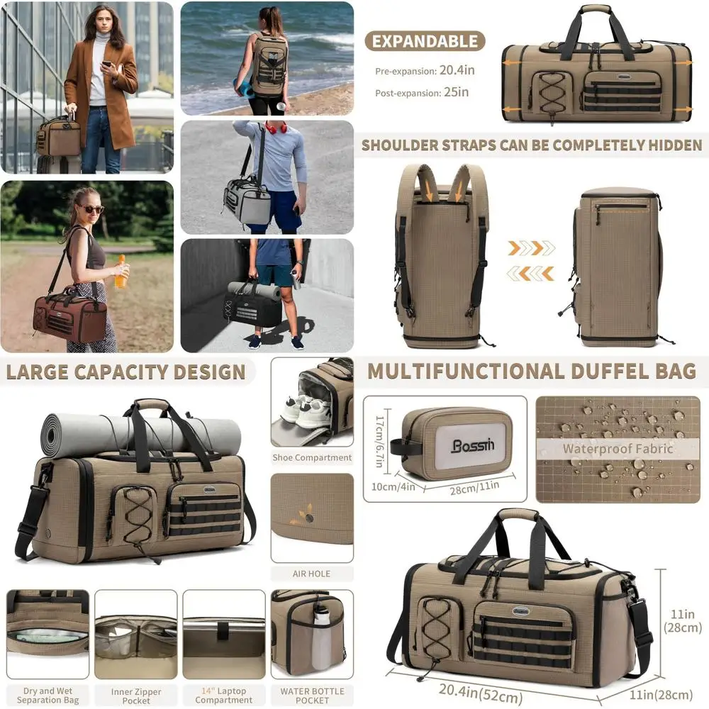 

45L Unisex Travel & Sports Duffel Bag with Shoe Compartment - Khaki Checkered