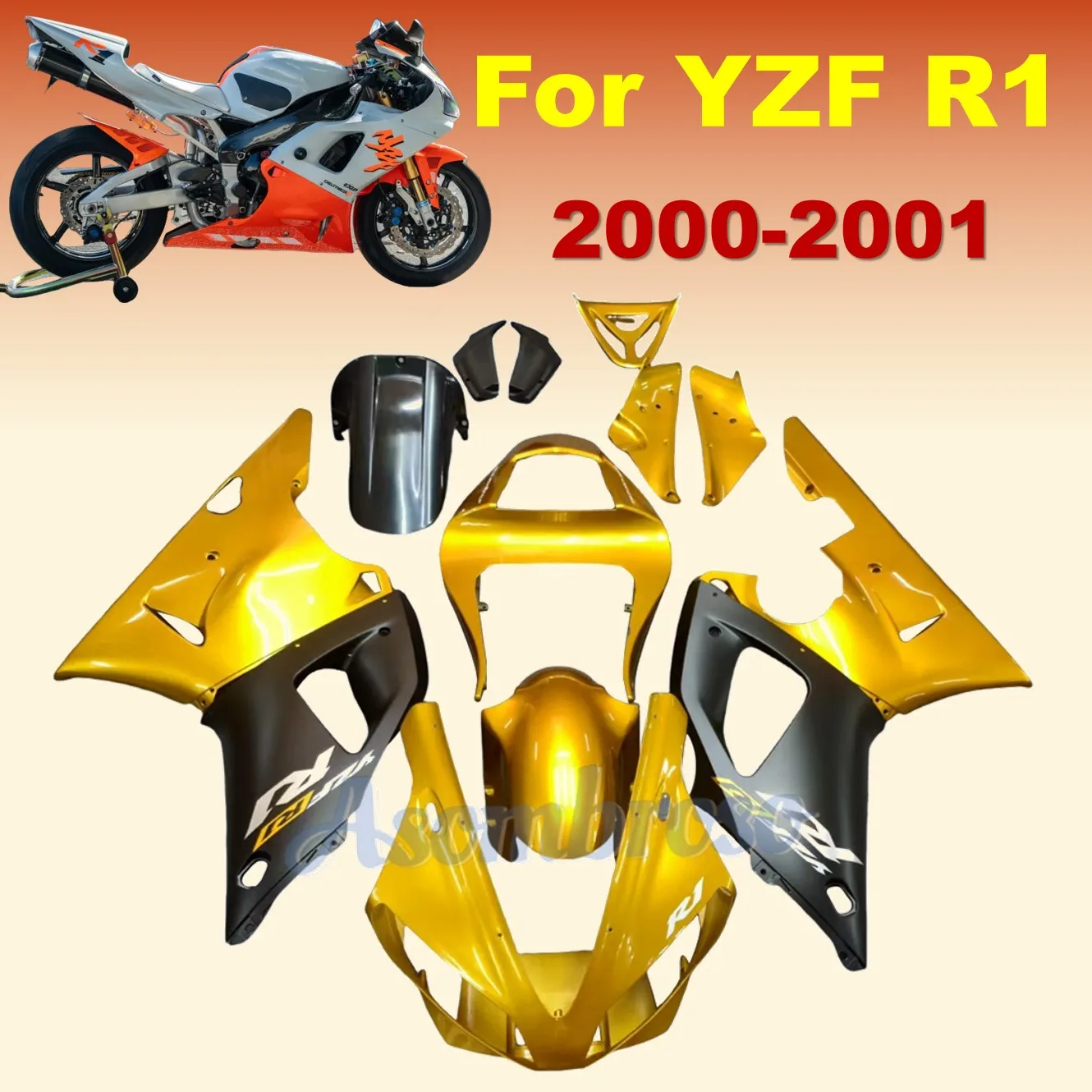 

For YAMAHA YZFR1 2000 Plastic set Motorcycle Fairings YZF-R1 2001 Body Kits YZF R1 00 01 Gold with Matte Black
