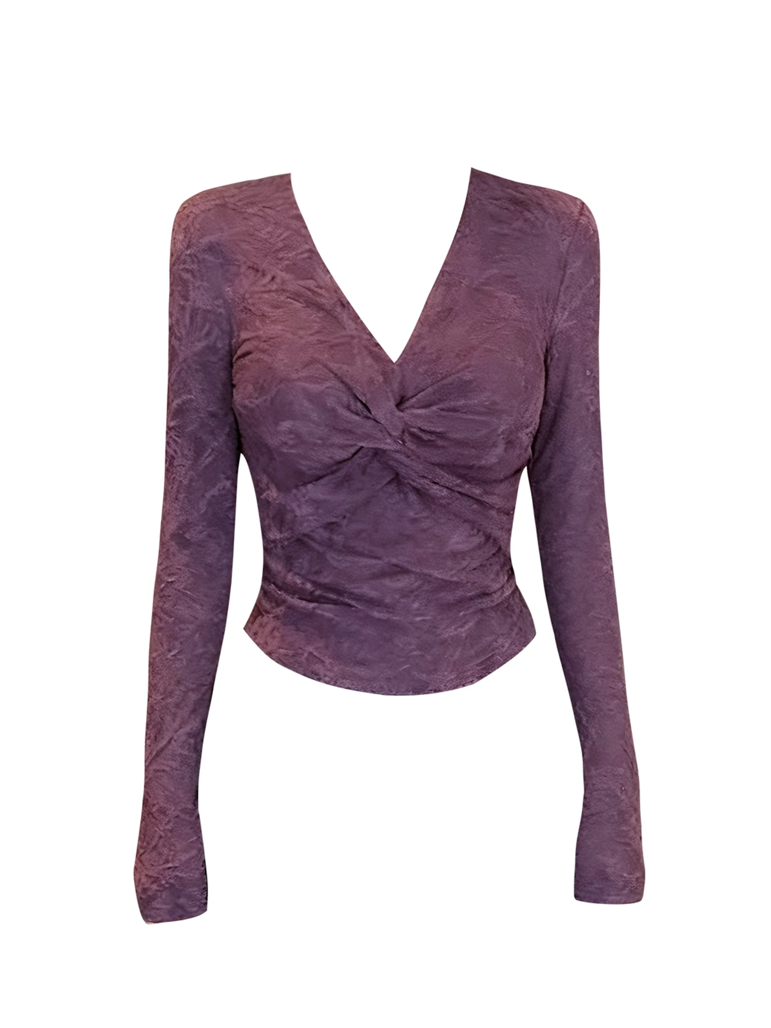Women Purple V-Neck T-shirt Y2k Gyaru Tee Top 2000s Vintage Aesthetic Fashion Long Sleeve Cropped T-shirts Clothes Spring Autumn