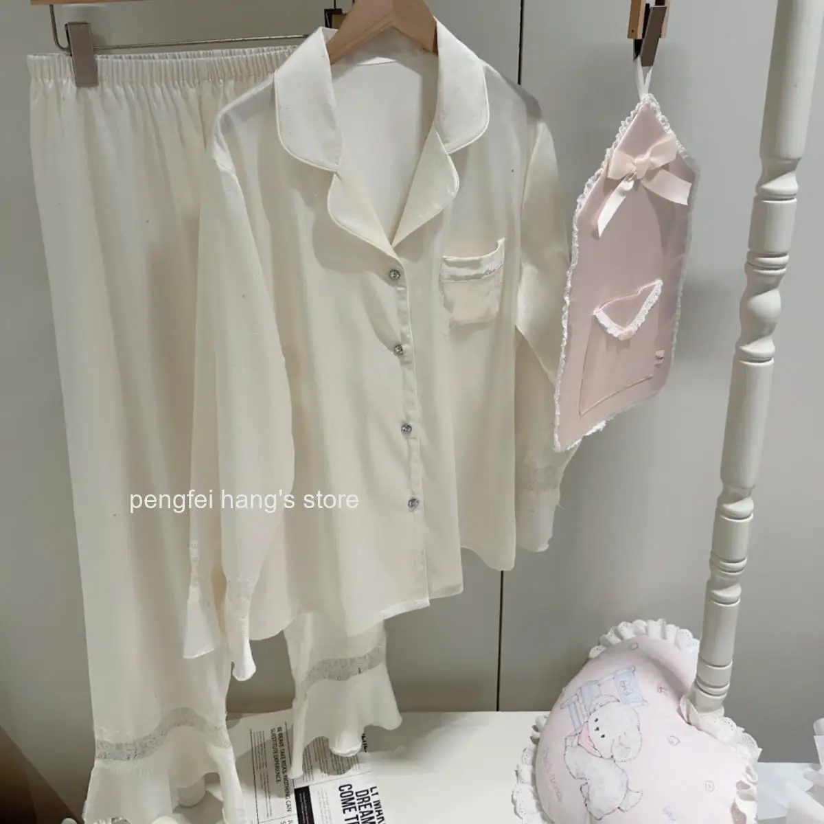 Women French Luxury Ice Silk Pajama Set Long Sleeve Long Pants Lace Hollow Sequin Thin Loungewear Ladies Sleepwear