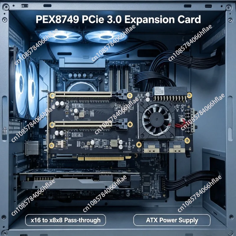Double-wide Dual-slot Graphics Card Bracket PEX8749 PCIe3.0 x16 to x8x8 Pass-through Expansion Card With ATX Power Supply
