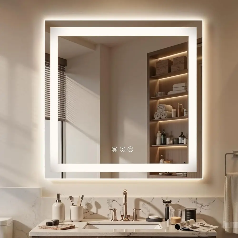 

Зеркало для ванной 36x36 см со светодиодной подсветкой, антибликовое, с регулировкой яркости - Зеркало для ванной с фронтальной и задней подсветкой, 3 цветовые температуры