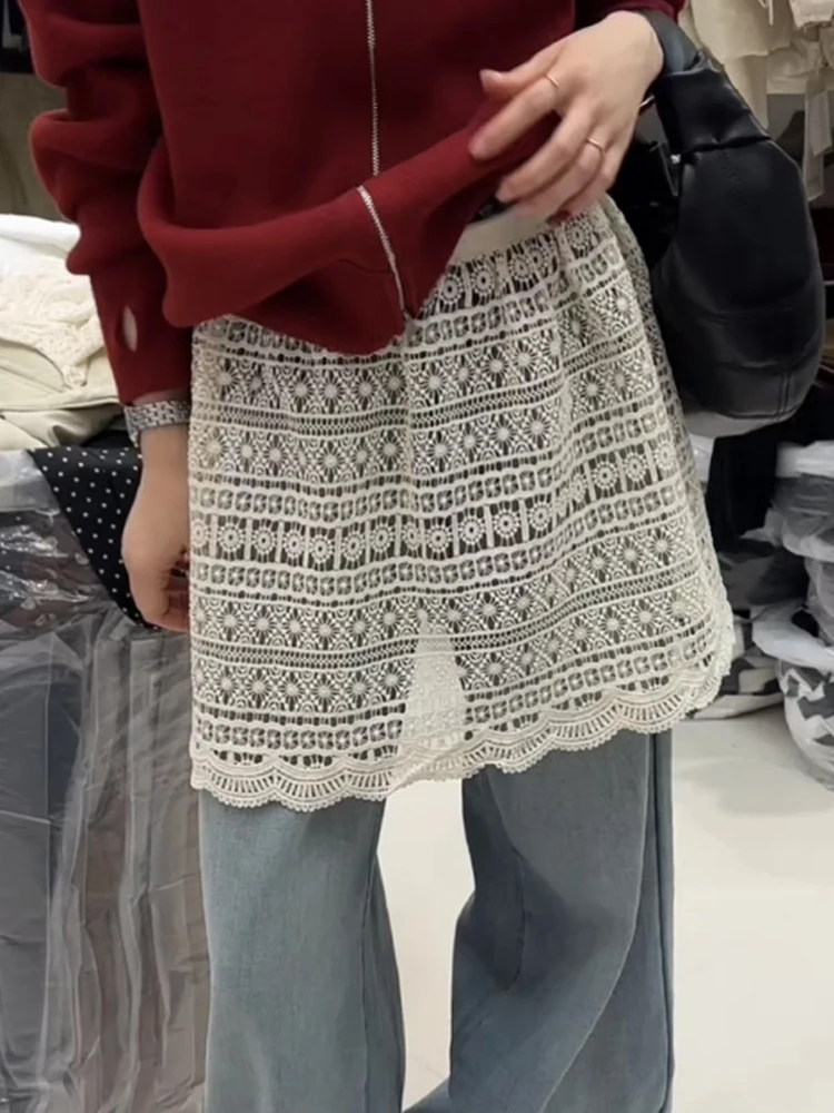 

Elastic Waist Lace Hook Embroidery Hollow out f Skirt Women's Sle Korean Version A-Line ort Skirt Polyester Fabric