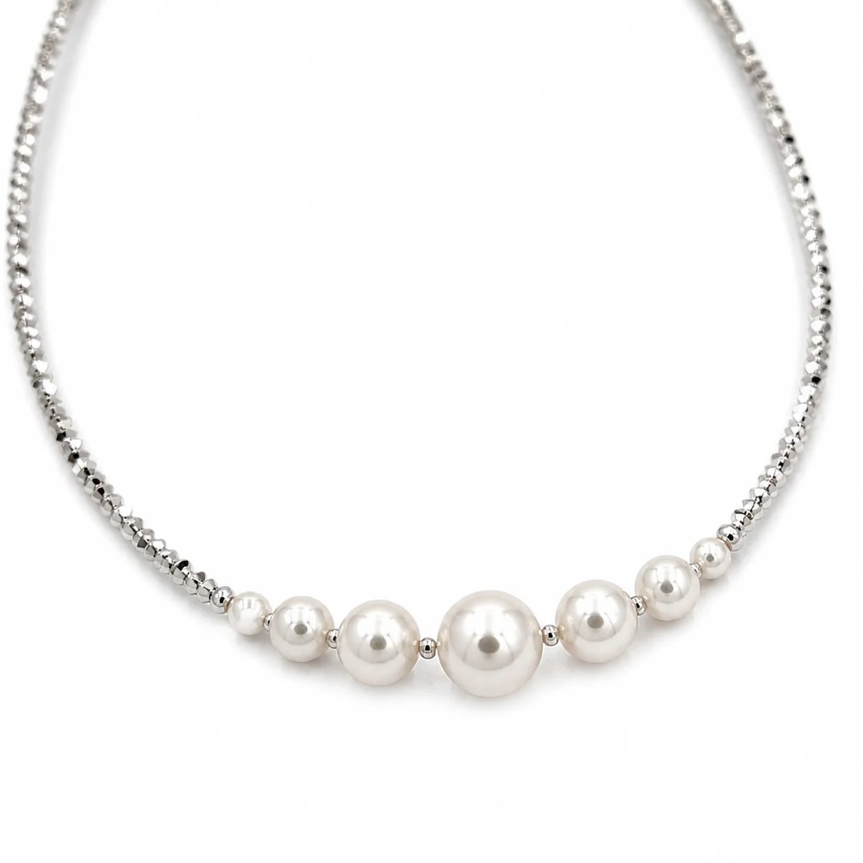 Elegant Clavicle Necklace Featuring Genuine White Pearls in Three Distinct Sizes Set on Authentic 925 Sterling Silver Chain Retr