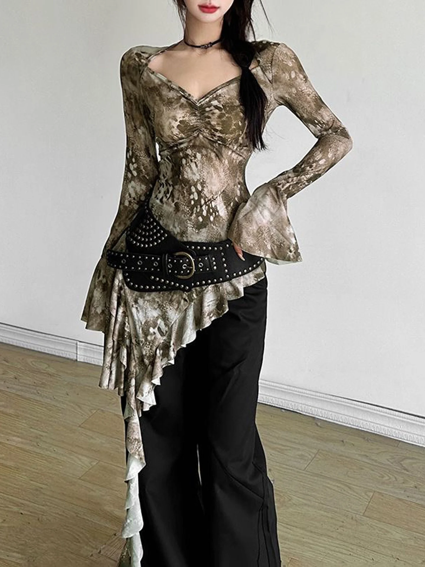American Style Tie Dye Gradient Ruffle Sleeve Long Sleeve T Shirt Women Asymmetrical Slimming Sun Protection Top Trendy