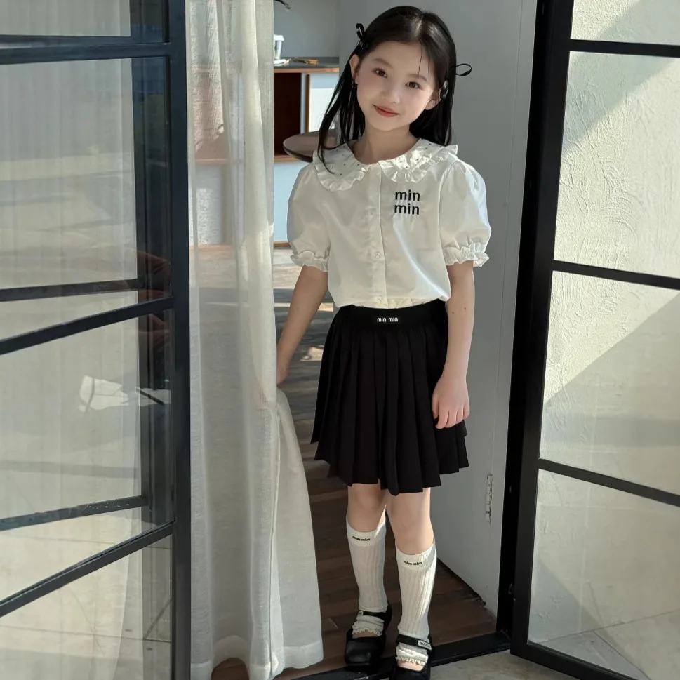 Baby Girl Summer 2PCS Clothes Set Minmin Shiny Peter Pan Collar Blouses+pleated Skirt Outfit Little Girl Bubble Short Sleeve Tee