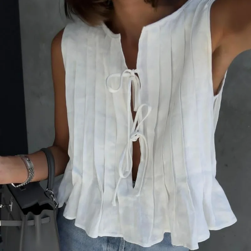 Linen Cotton Pleated Lace Up Sleeveless Short Shirt Blouse Women Slim Waist Crop Top Female Pleated Shirts 2024 New White