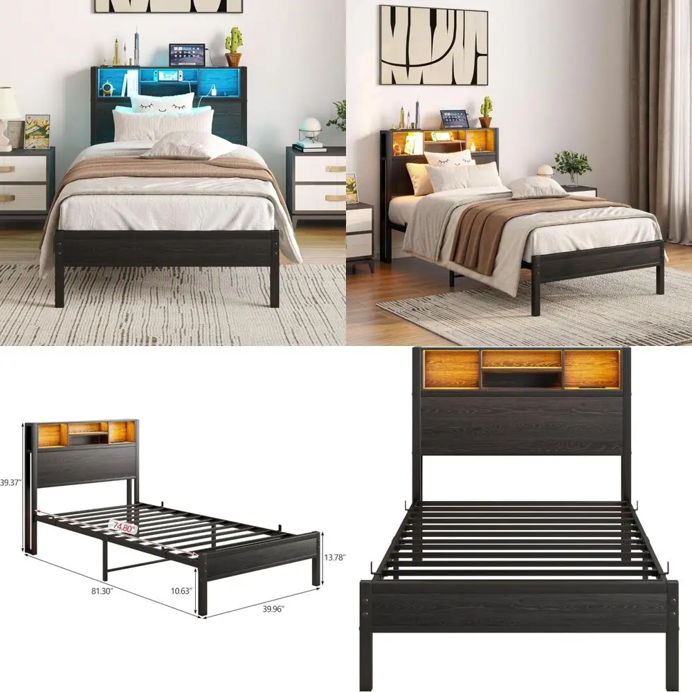 

Twin Bed Frame with Built-in Charging and LED Lighting, Twin Platform Bed with Storage Bookcase, Wooden Headboard with Metal Sla