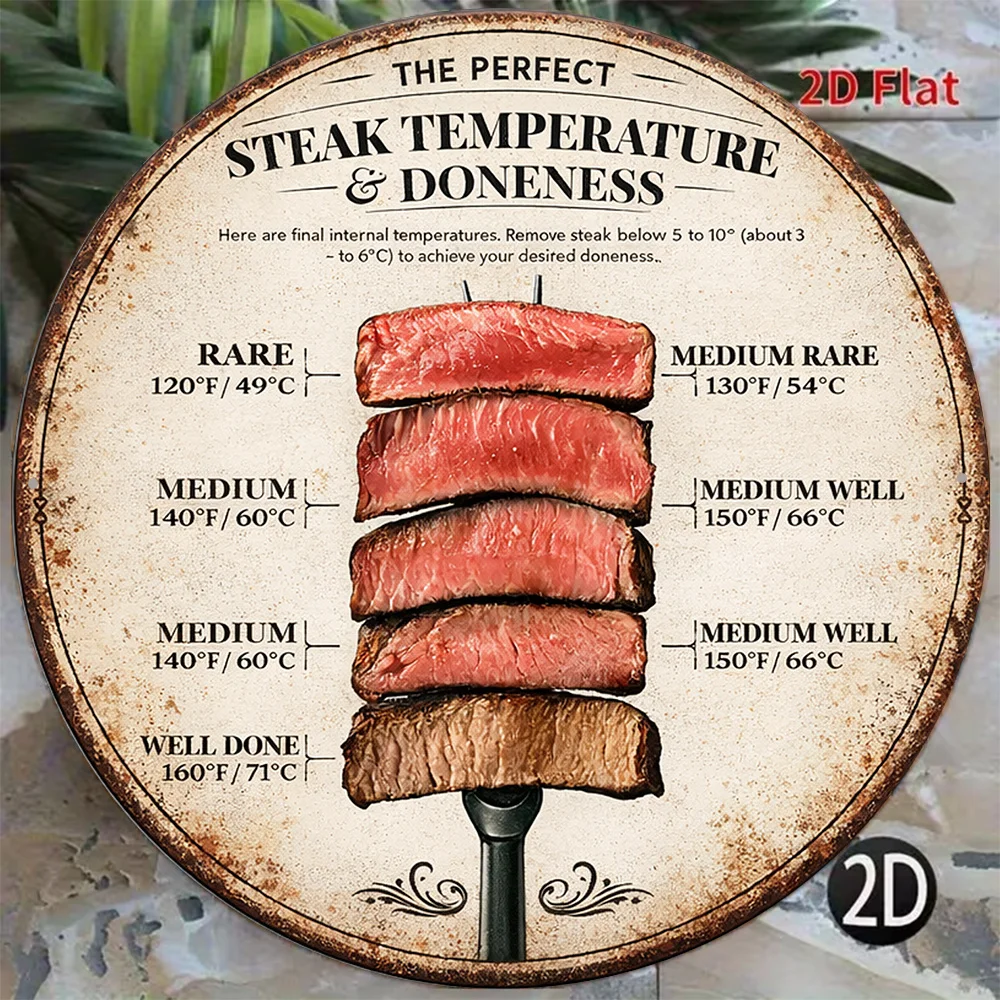1pc 8*8in/20x20cm 2D flat round metal sign, vintage metal plaque about steak cooking temperature, steak doneness guide decorative sign, suitable for kitchen, restaurant, bar decoration or as a gift