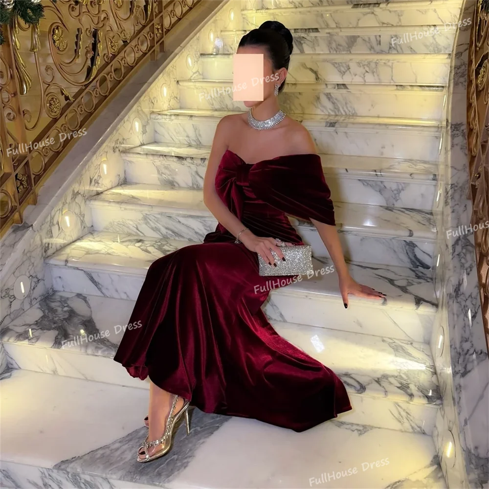 Custom Made Elegant Off Shoulder Pleated Sheath Sexy Bridal Evening Dress Backless Floor Length Saudi Dress with Bow سعيد