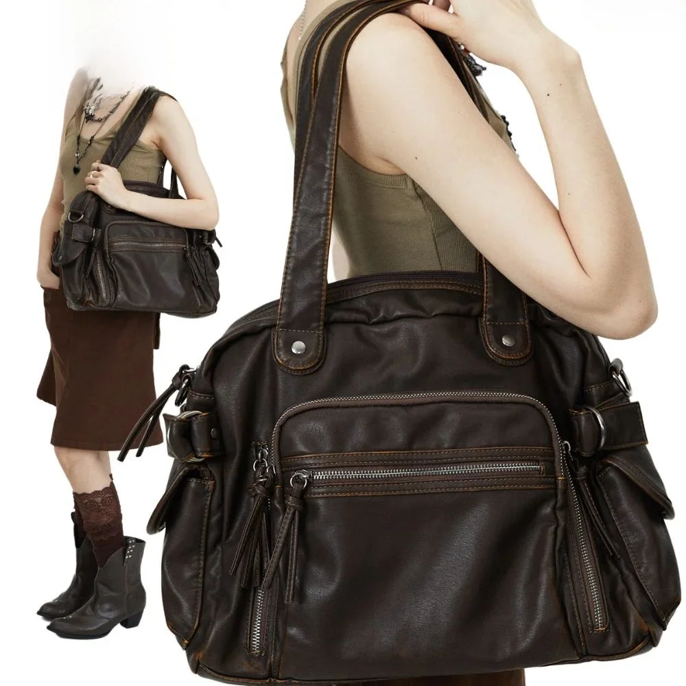 

Retro Large Capaci Soft PU Leather Tote Bag Motorcycle Bag Fem Cleanfit Sle Winter Collection Ladies Faion Accory