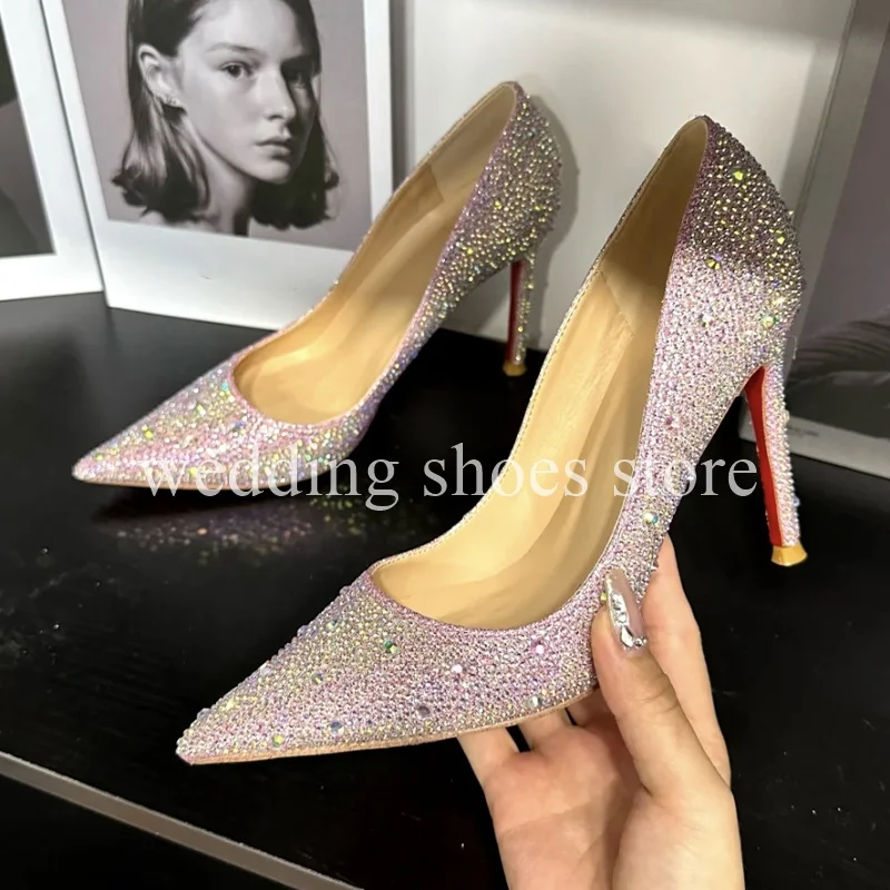 Rhinestone High Heels Leather Stiletto Women Sexy Pointy High-heeled Wedding Shoes Fashion New Luxury Party Prom Shoes Bags