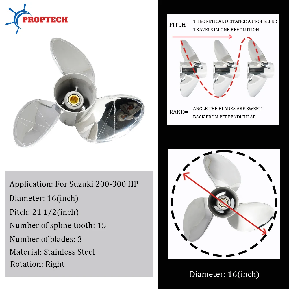 For Suzuki 200hp 225hp 250hp 300hp Outboard Propeller 16x21 1/2 Boat Motor Stainless Steel Screw Marine Engine 3 Blade 15 Spline