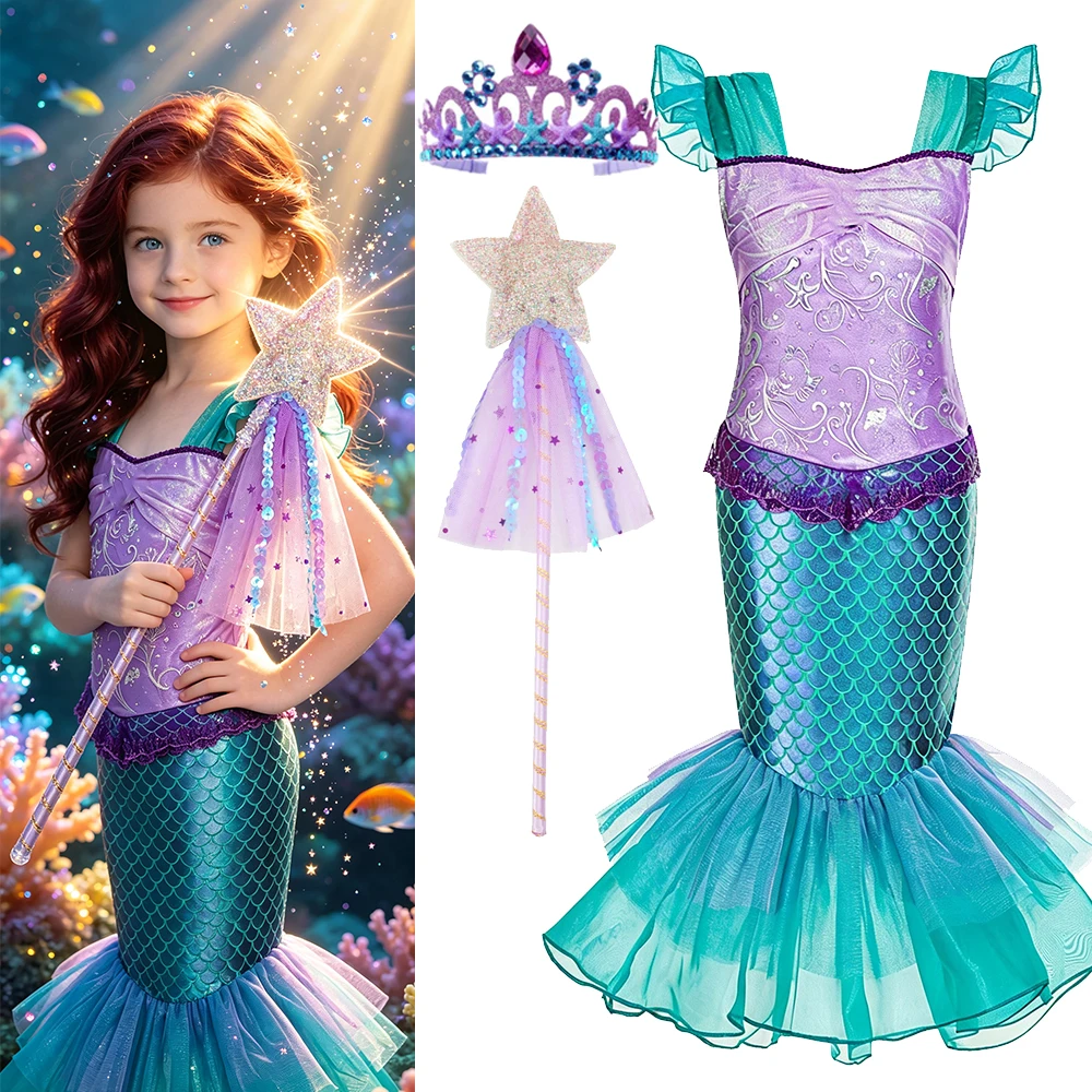 Fishtail Mermaid Summer Dress Ocean Themed Costume with Crown Shell Necklace Gloves for Girls 2-10 Years Carnival Party Gift