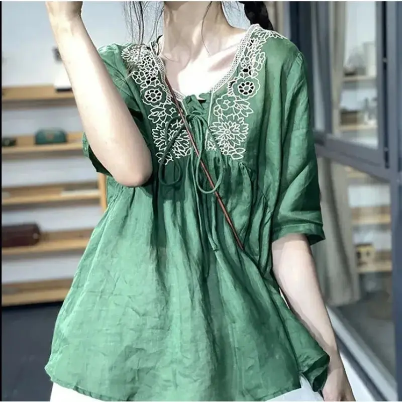 Sweet Loose Mori Girl Style Floral Embroidery Shirt Summer Hollow Out Half Sleeve Women\'s Chic Shirring Drawstring V-Neck Blouse