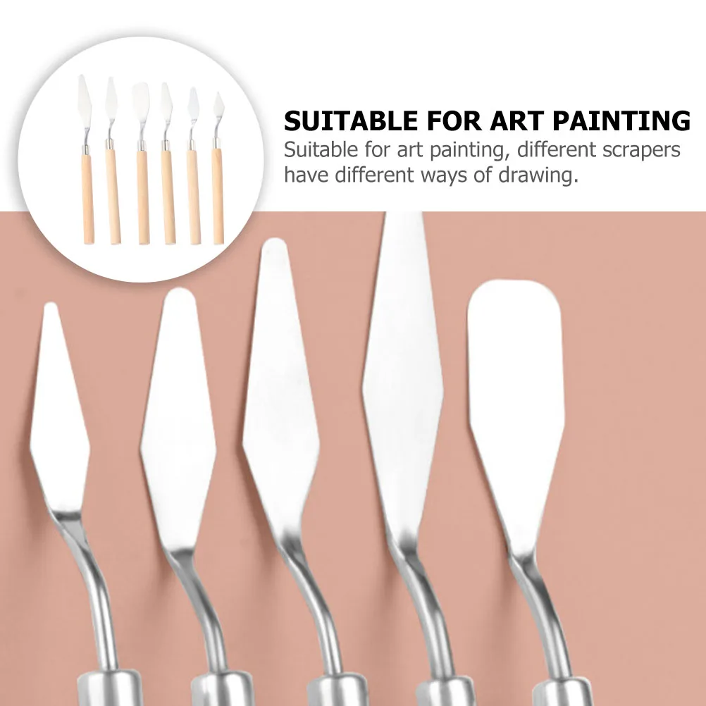 

6pcs Oil Spatula Set Stainless Steel Art Painting Tools Wood Handles Smooth Durable Rustproof Metal Scrapers For Canvas Wall
