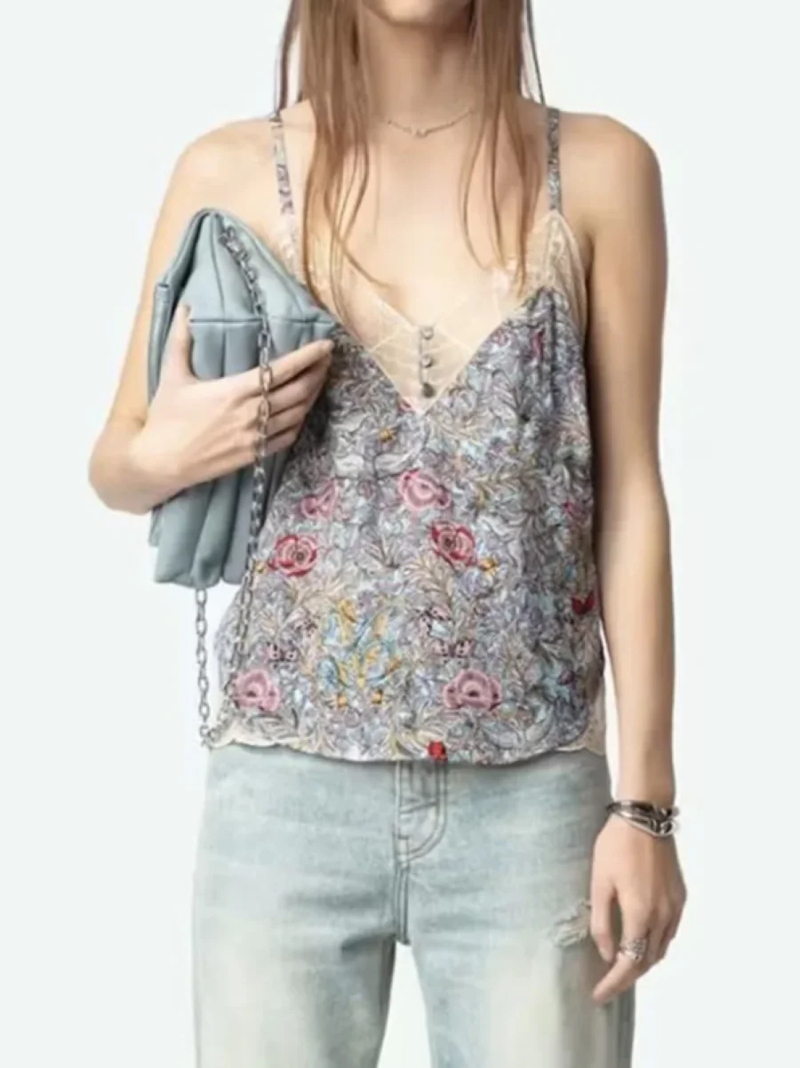 

Lace Stitching Women's Flower Print Sling Tops Summer 2025 V-Neck Sleeveless Vintage Female Camis